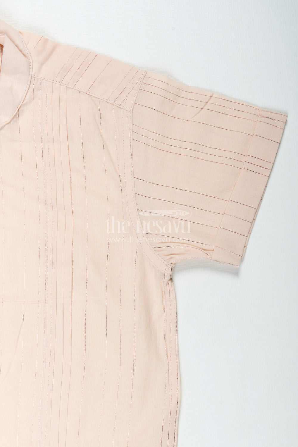 The Nesavu Boys Cotton Shirt Boys Simple Cotton Shirt for Temple Visits with Beige Striped Print and Mandarin Collar in Soft Fabric Nesavu Nesavu Boys Cotton Shirt Stripes Print Mandarin Collar Temple Visits Traditional Occasions