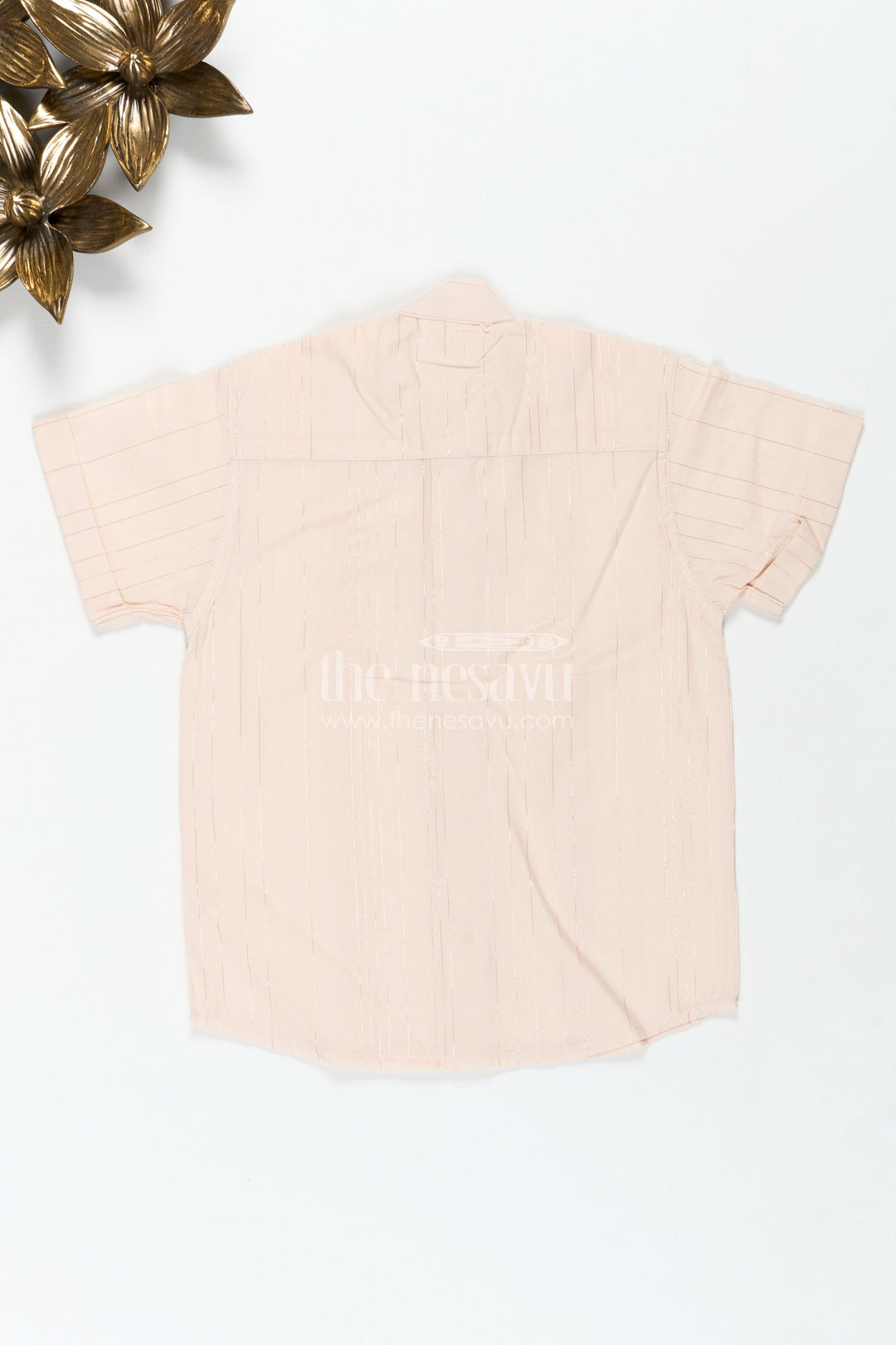 The Nesavu Boys Cotton Shirt Boys Simple Cotton Shirt for Temple Visits with Beige Striped Print and Mandarin Collar in Soft Fabric Nesavu Nesavu Boys Cotton Shirt Stripes Print Mandarin Collar Temple Visits Traditional Occasions