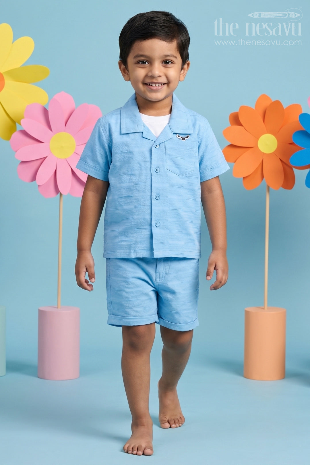 The Nesavu Boys Casual Set Boys Sky Blue Casual Set with Graphic T-Shirt, Button-Down Shirt, and Matching Shorts Nesavu 14 (6M) / Blue BCS163C-14 Nesavu Boys Sky Blue Casual Set Graphic T-Shirt Button-Down Shirt Shorts Summer Fun