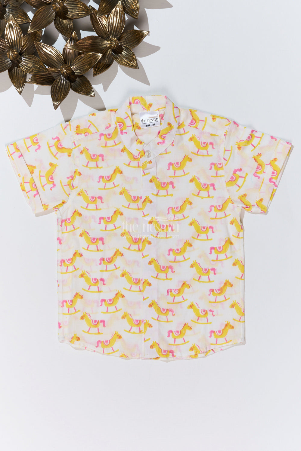 The Nesavu Boys Cotton Shirt Boys Smart Casual Shirts Men Inspired Design in Cotton Block Print with Rocking Horse Motif Nesavu 16 (1Y) / Yellow BS249A-16 Nesavu Boys Smart Casual Shirt Cotton Block Print Rocking Horse Motif