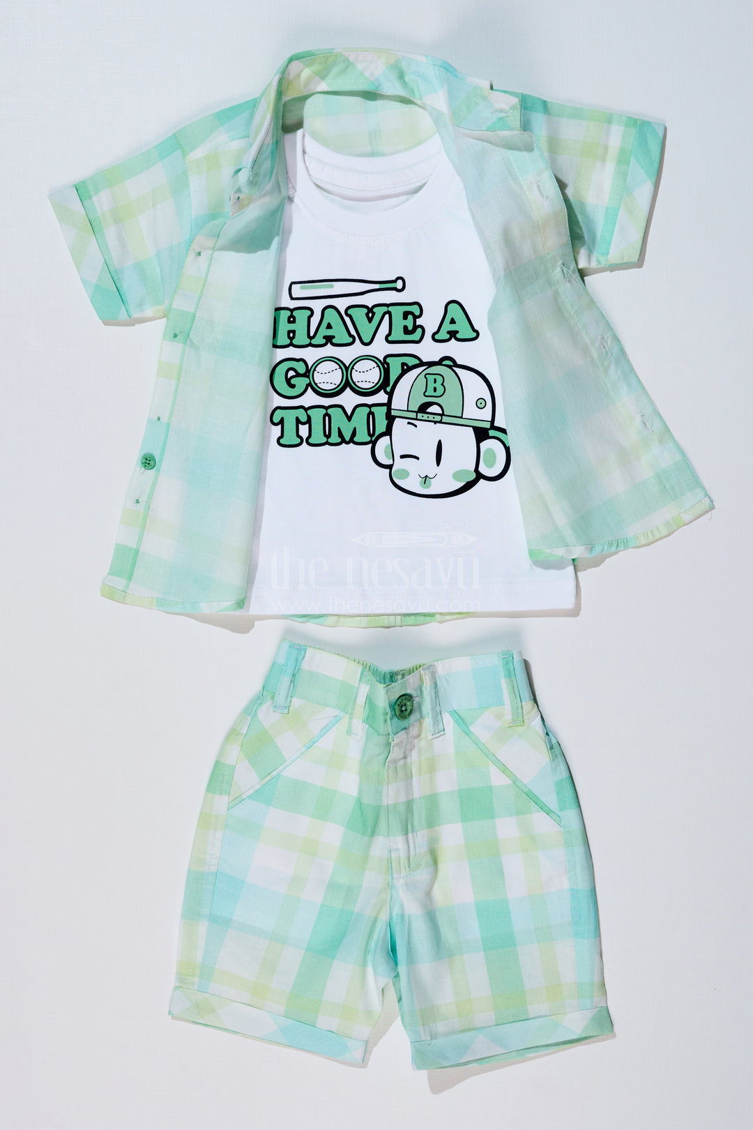 The Nesavu Boys Casual Set Boys Smart Casual Shirts with Checked Shorts and Graphic T-Shirt for Everyday Wear Nesavu Nesavu Boys Smart Casual Shirt Set Checked Shorts Printed T-Shirt