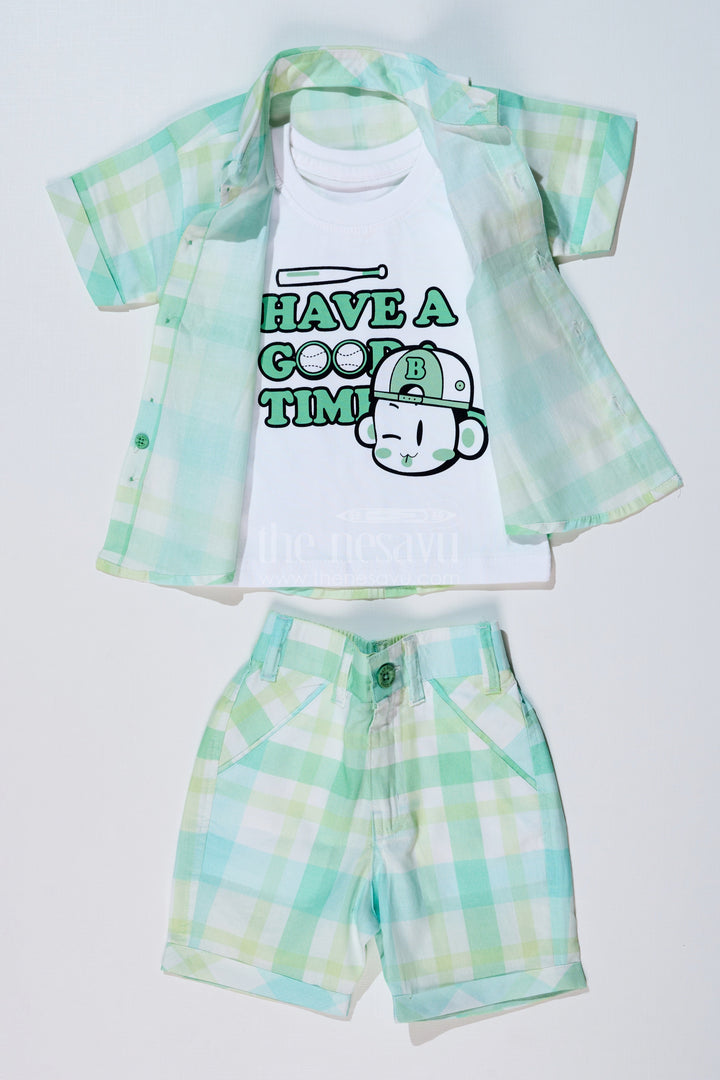 The Nesavu Boys Casual Set Boys Smart Casual Shirts with Checked Shorts and Graphic T-Shirt for Everyday Wear Nesavu Nesavu Boys Smart Casual Shirt Set Checked Shorts Printed T-Shirt