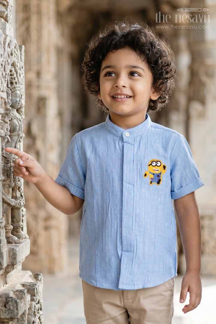 The Nesavu Boys Cotton Shirt Boys Smart Shirt for Birthday Party Styling Nesavu 16 (1Y) / Blue / Lurex BS514A-16 Nesavu Boys Smart Shirt For Birthday Party Styling With Lurex Zari Cotton And Chest Applique BS514A-16