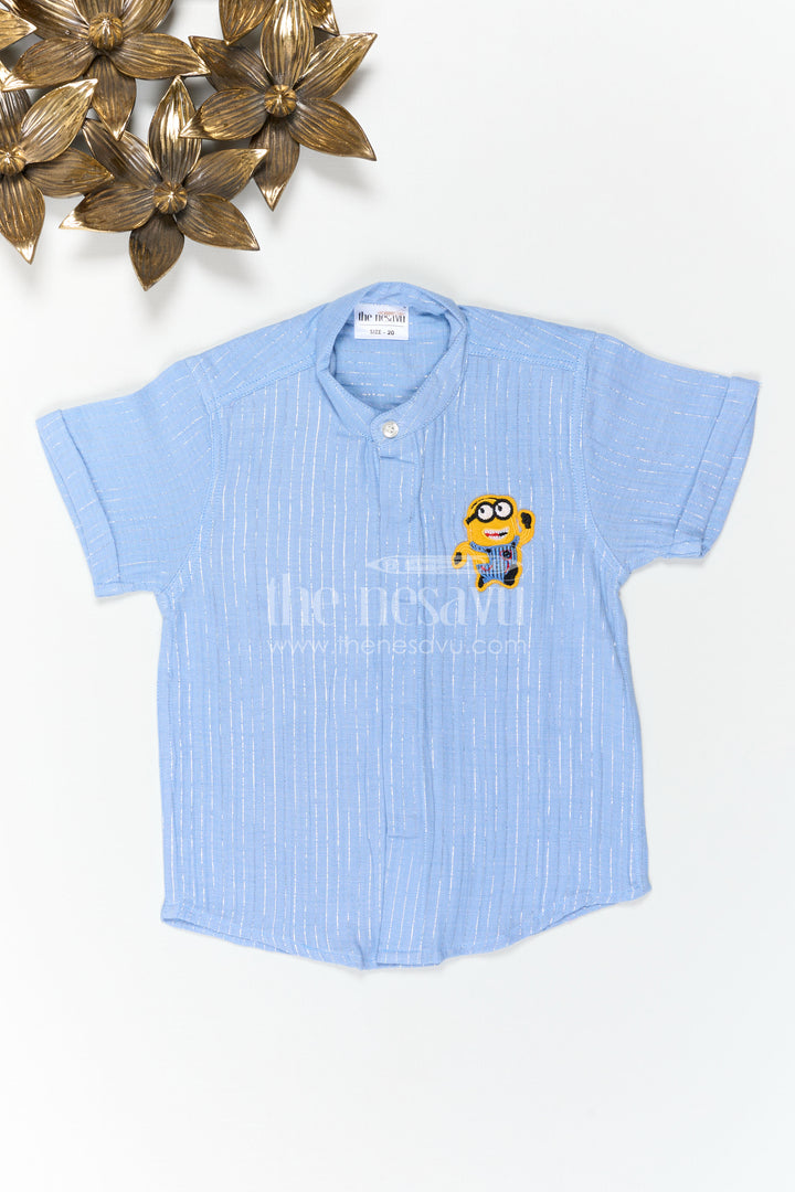 The Nesavu Boys Cotton Shirt Boys Smart Shirt for Birthday Party Styling Nesavu 16 (1Y) / Blue / Lurex BS514A-16 Nesavu Boys Smart Shirt For Birthday Party Styling With Lurex Zari Cotton And Chest Applique