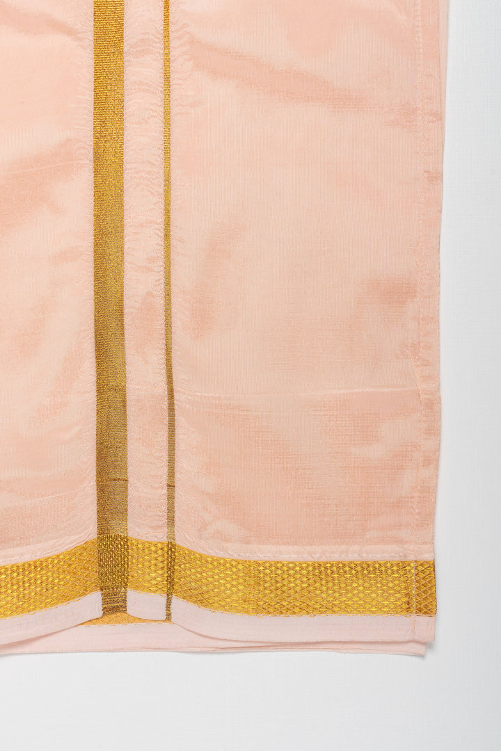 The Nesavu Boys Vesti Boys Soft Silk Dhoti in Delicate Pink with Golden Trim Nesavu Buy Boys Pink Silk Dhoti with Golden Stripes | Traditional Ethnic Wear | The Nesavu