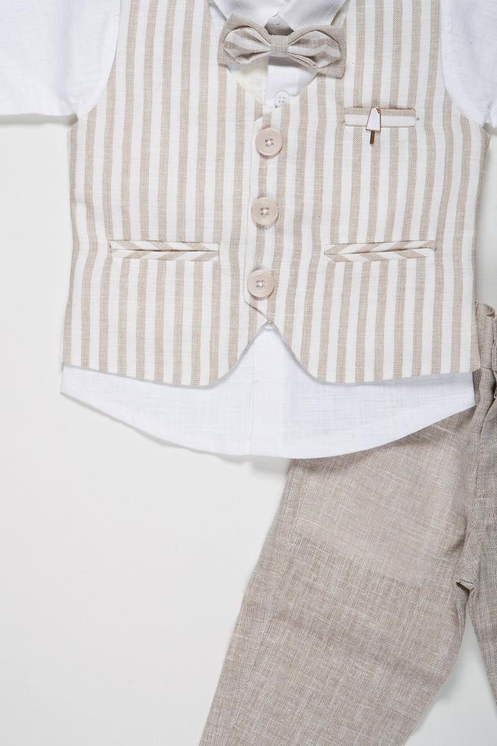 The Nesavu Boys Casual Set Boys Sophisticated Linen Blend Suit Set with Striped Vest and Bow Tie Nesavu Elegant Boys Linen Suit Set | Striped Vest and Grey Pants with Bow Tie | Kids Formal Outfit | The Nesavu