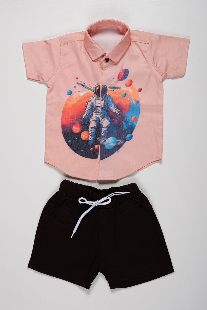 The Nesavu Boys Casual Set Boys Space Adventure Shirt and Shorts Set | Galactic Summer Outfit Nesavu 16 (1Y) / Salmon / Poly Cotton BCS035A-16 Boys Astronaut Printed Shirt and Shorts Set | Casual Galactic Gear for Kids | The Nesavu