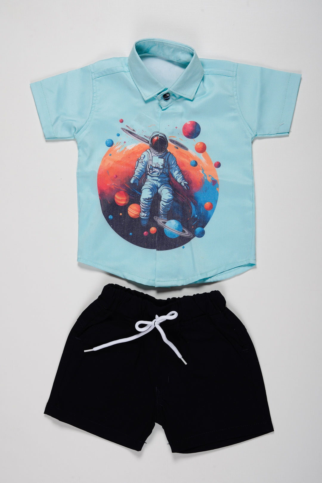 The Nesavu Boys Casual Set Boys Space Odyssey Shirt and Shorts Set | Cosmic Exploration Outfit Nesavu 16 (1Y) / Blue / Poly Cotton BCS035B-16 Kids Space Themed Casual Wear Set | Boys Astronaut Print Shirt and Shorts | The Nesavu