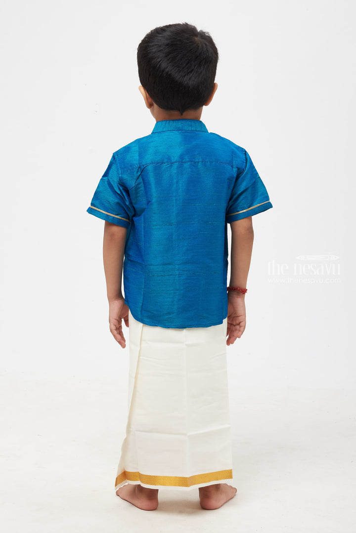 The Nesavu Boys Silk Shirt Boys Splendid Azure Blue Silk Shirt Ensemble with Pearl-Studded Equestrian Motif Nesavu Kids Traditional Azure Blue Silk Wear | Boys' Festival-Ready Silk Shirt | The Nesavu