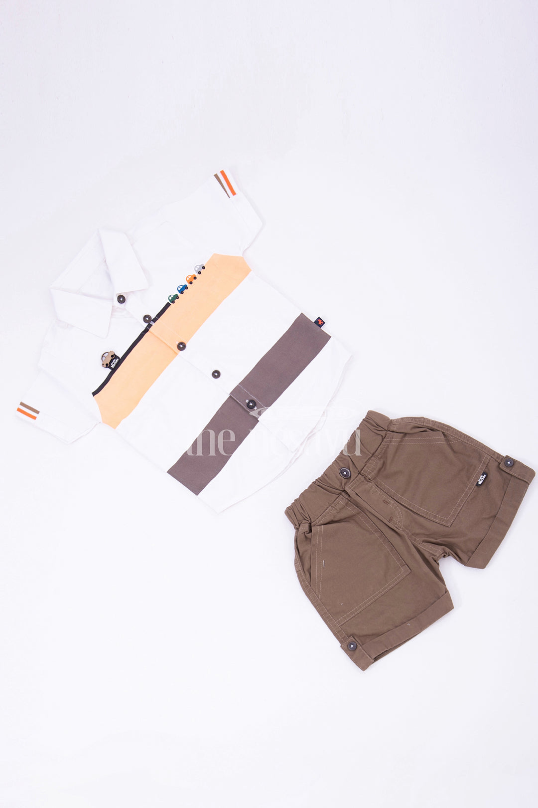 The Nesavu Boys Casual Set Boys' Striped Car Print Shirt & Shorts Set - Orange/Green Nesavu 16 (1Y) / multicolor BCS082A-16 Boys' Striped Car Print Shirt & Shorts Set - Orange/Green - Sizes 1Y-5Y