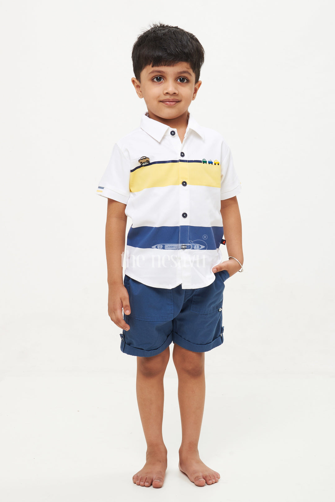 The Nesavu Boys Casual Set Boys' Striped Car Print Shirt & Shorts Set - Yellow/Navy Nesavu 16 (1Y) / multicolor BCS082B-16 Boys' Striped Car Print Shirt & Shorts Set - Yellow/Navy - Sizes 1Y-5Y