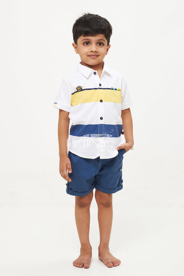 The Nesavu Boys Casual Set Boys' Striped Car Print Shirt & Shorts Set - Yellow/Navy Nesavu 16 (1Y) / multicolor BCS082B-16 Boys' Striped Car Print Shirt & Shorts Set - Yellow/Navy - Sizes 1Y-5Y