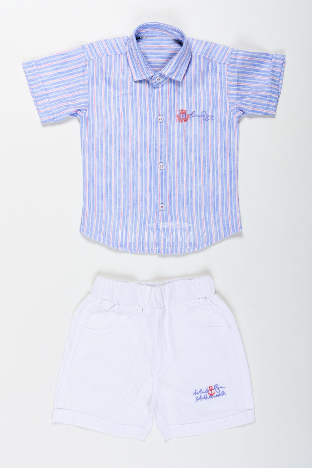 The Nesavu Boys Casual Set Boys Striped Cotton Shirt and White Shorts Set for Smart Casual Wear Nesavu 14 (6M) / Blue BCS370B-14 Nesavu Boys Striped Cotton Shirt Embroidered White Shorts Set Travel Smart Dressing