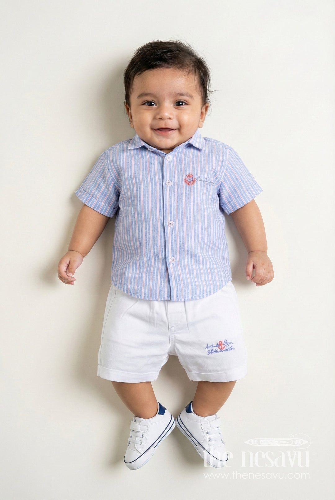 The Nesavu Boys Casual Set Boys Striped Cotton Shirt and White Shorts Set for Smart Casual Wear Nesavu 14 (6M) / Blue BCS370B-14 Nesavu Boys Striped Cotton Shirt Embroidered White Shorts Set Travel Smart Dressing