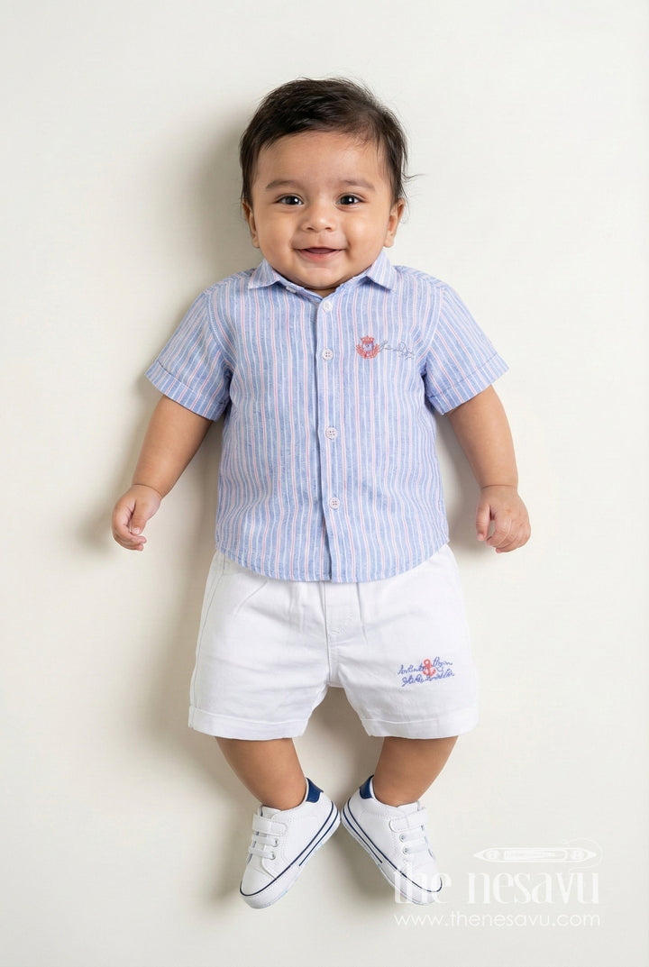 The Nesavu Boys Casual Set Boys Striped Cotton Shirt and White Shorts Set for Smart Casual Wear Nesavu 14 (6M) / Blue BCS370B-14 Nesavu Boys Striped Cotton Shirt Embroidered White Shorts Set Travel Smart Dressing