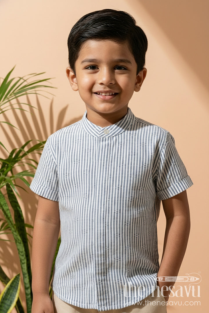 The Nesavu Boys Cotton Shirt Boys Striped Cotton Shirt for Ethnic Day and Everyday Wear Nesavu 16 (1Y) / Black BS311A-16 Nesavu boys striped cotton shirt mandarin collar school ethnic day outings