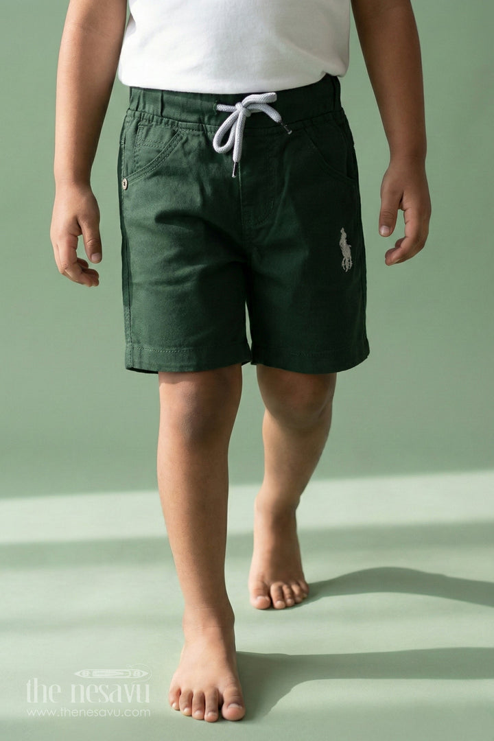 The Nesavu Boys Shorts Boys Stylish Black Cotton Shorts with Elastic Waistband and Drawstring Nesavu 18 (2Y) / Green BWS001L-18 Boys Stylish Black Cotton Shorts Drawstring Embroidered Detail Comfort | The Nesavu