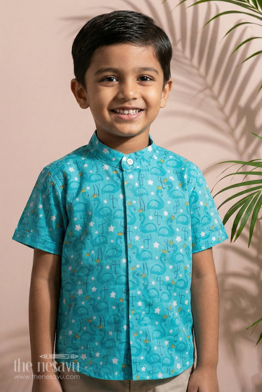 The Nesavu Boys Cotton Shirt Boys Stylish Casual Shirts in Cotton Block Print with Playful Flamingo Design Nesavu 16 (1Y) / Turquoise BS243A-16 Boys Stylish Casual Shirts Cotton Block Print Flamingo Print | The Nesavu
