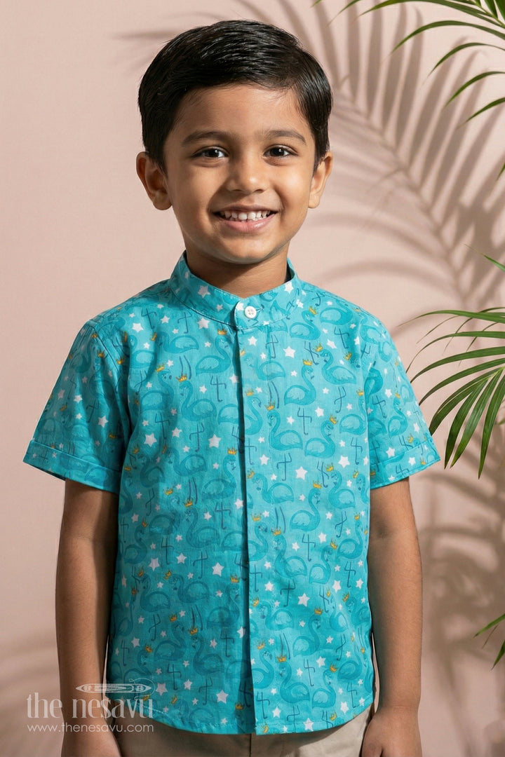 The Nesavu Boys Cotton Shirt Boys Stylish Casual Shirts in Cotton Block Print with Playful Flamingo Design Nesavu 16 (1Y) / Turquoise BS243A-16 Boys Stylish Casual Shirts Cotton Block Print Flamingo Print | The Nesavu