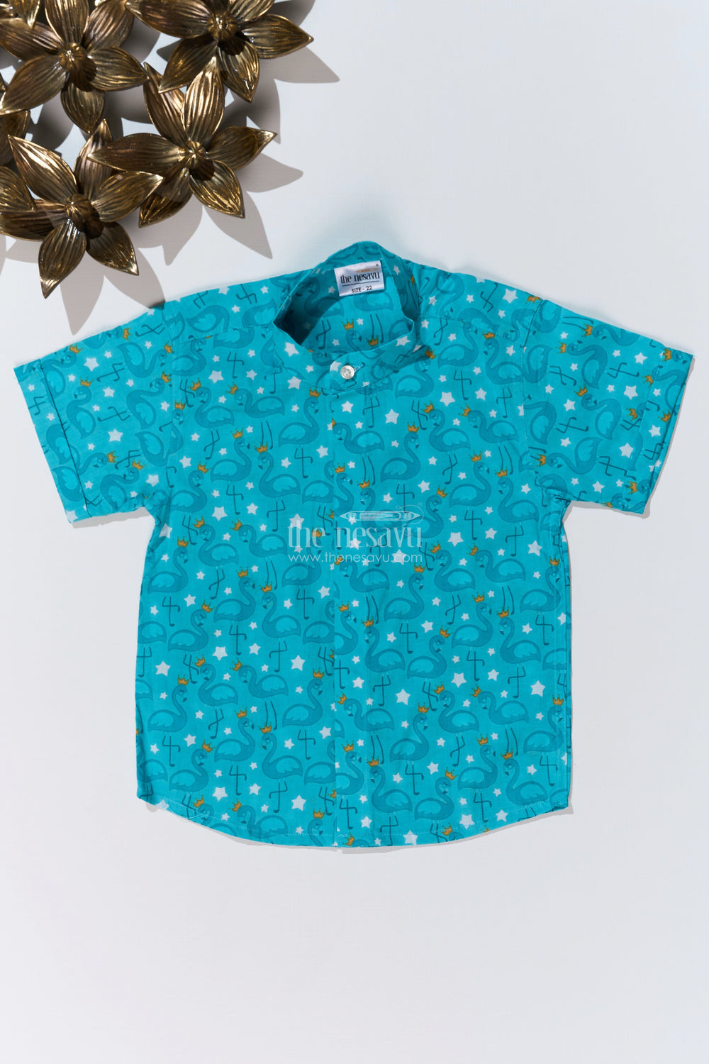 The Nesavu Boys Cotton Shirt Boys Stylish Casual Shirts in Cotton Block Print with Playful Flamingo Design Nesavu 16 (1Y) / Turquoise BS243A-16 Nesavu Boys Stylish Casual Shirts Cotton Block Print Flamingo Print