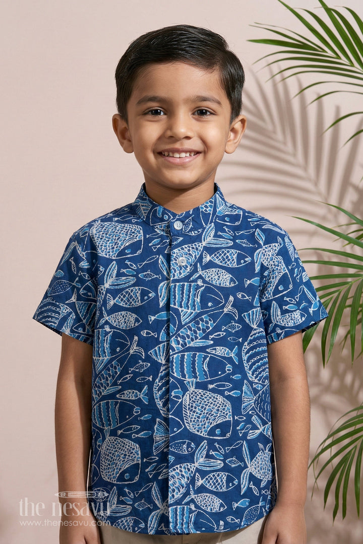 The Nesavu Boys Cotton Shirt Boys Stylish Cotton Shirts in Blue Cotton Block Print with Intricate Fish Motif Nesavu 16 (1Y) / Blue BS246A-16 Boys Stylish Cotton Shirt Cotton Block Print Blue Fish Motif | The Nesavu