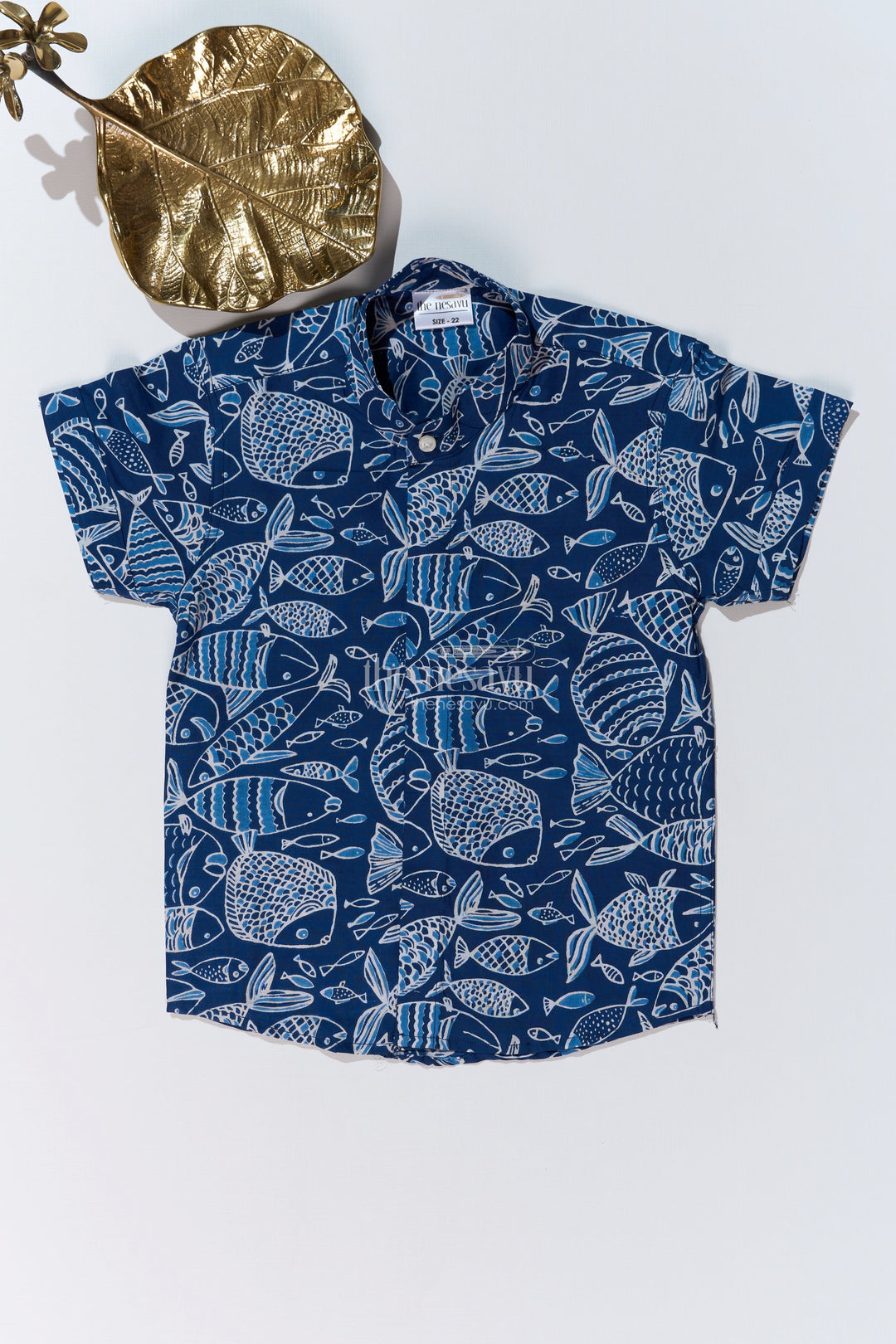 The Nesavu Boys Cotton Shirt Boys Stylish Cotton Shirts in Blue Cotton Block Print with Intricate Fish Motif Nesavu 16 (1Y) / Blue BS246A-16 Nesavu Boys Stylish Cotton Shirt Cotton Block Print Blue Fish Motif