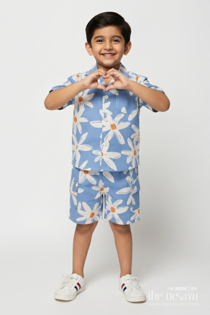 The Nesavu Boys Casual Set Boys Summer Cotton Floral Shirt and Shorts Set – Blue Nesavu 12 (3M) / Blue BCS542A-12 Nesavu boys cotton summer floral shirt and shorts set in blue for casual outings