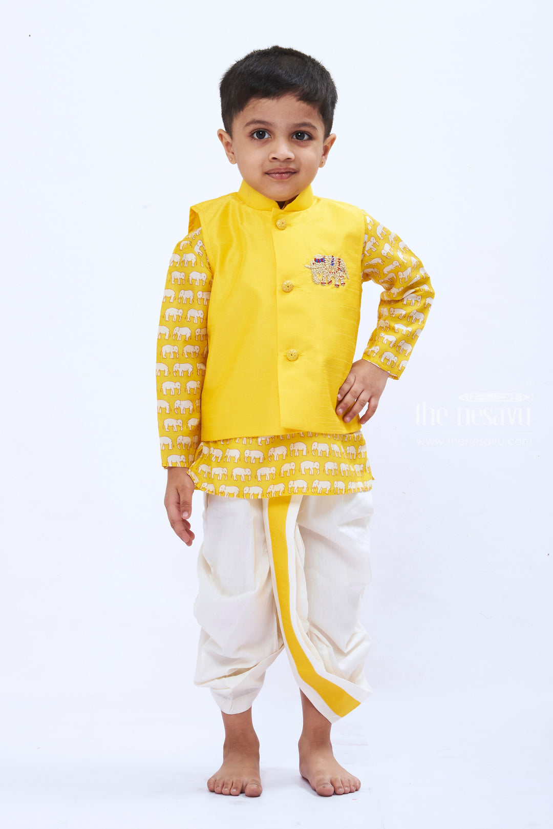 The Nesavu Boys Dothi Set Boys Sunny Yellow Overcoat Kurta with Dhoti Set Nesavu 12 (3M) / Yellow / Muslin Silk BES387D-12 Boys Yellow Kurta Dhoti Set with Elephant Print | Festive Ethnic Attire | The Nesavu