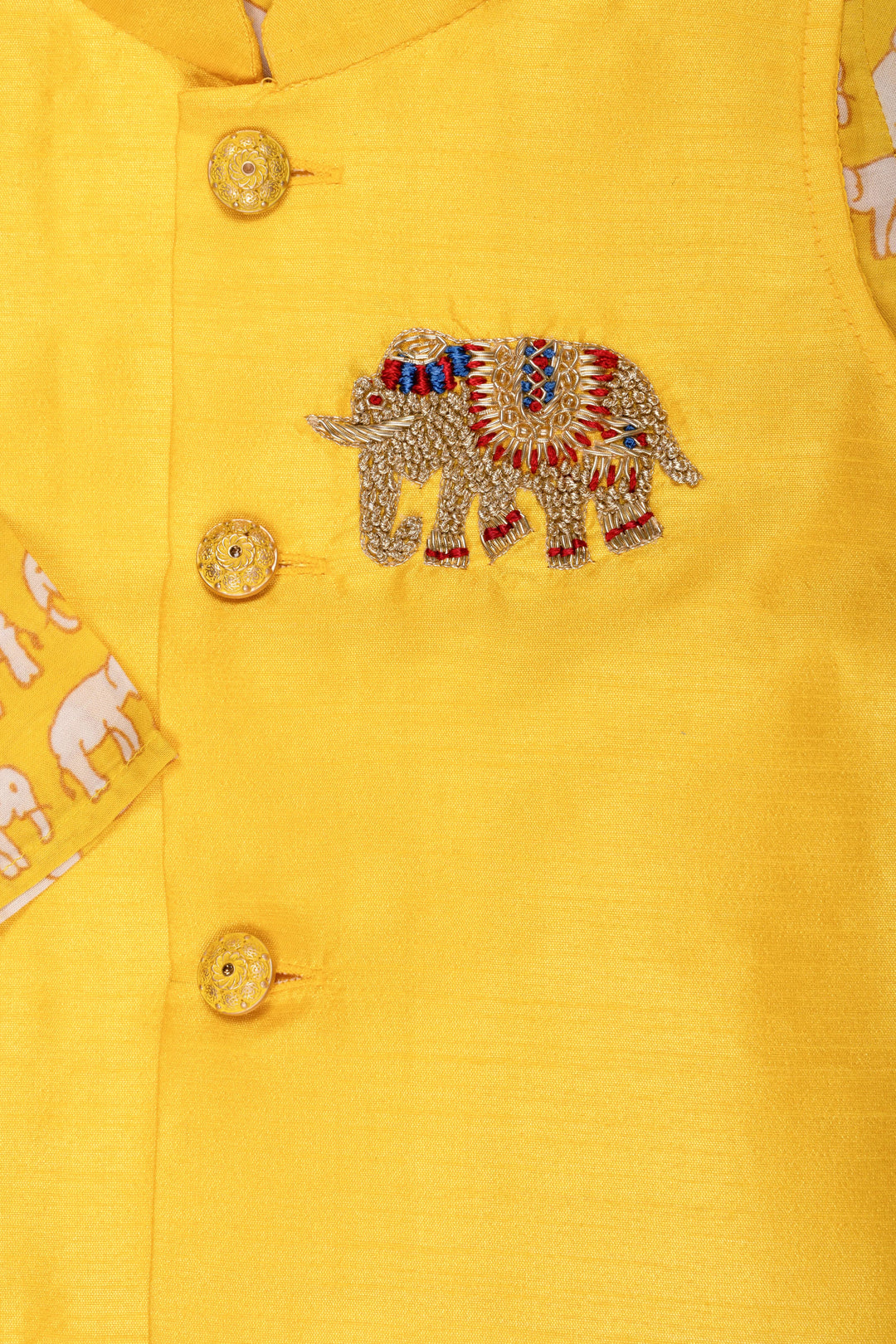 The Nesavu Boys Dothi Set Boys Sunny Yellow Overcoat Kurta with Dhoti Set Nesavu Boys Yellow Kurta Dhoti Set with Elephant Print | Festive Ethnic Attire | The Nesavu