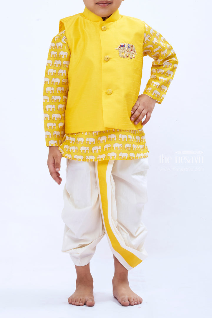 The Nesavu Boys Dothi Set Boys Sunny Yellow Overcoat Kurta with Dhoti Set Nesavu Boys Yellow Kurta Dhoti Set with Elephant Print | Festive Ethnic Attire | The Nesavu