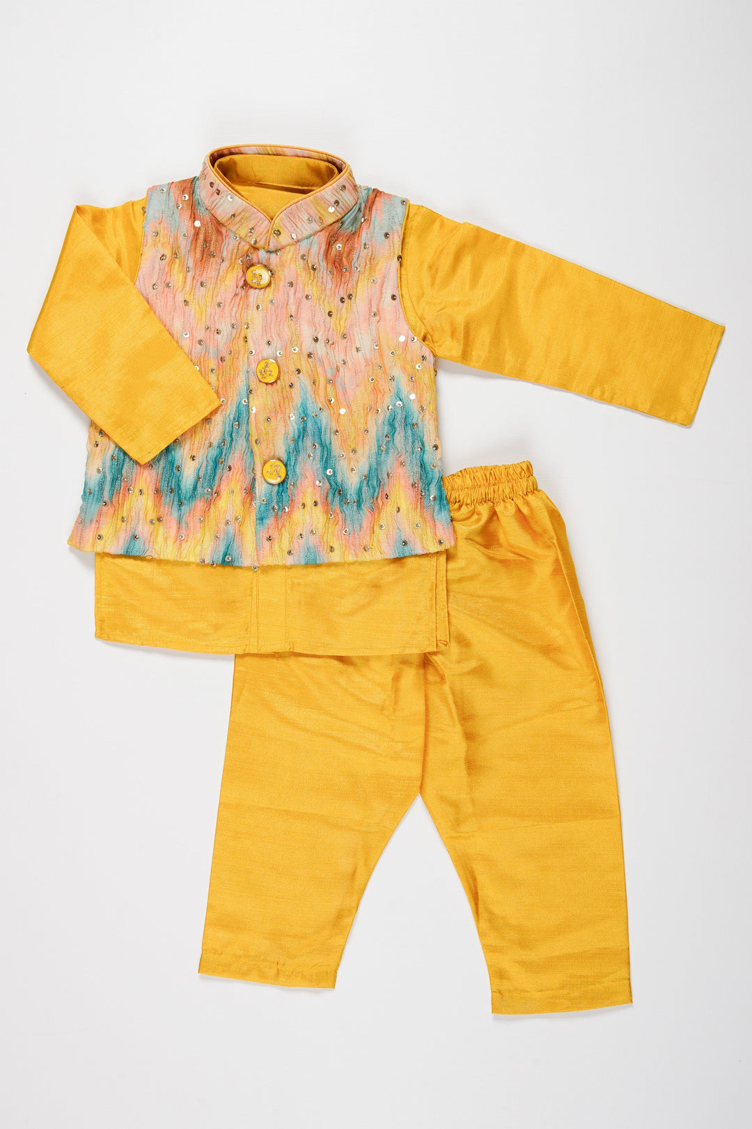 The Nesavu Boys Jacket Sets Boys Sunshine Yellow Kurta Pajama with Vibrant Jacket Set Nesavu Boys Yellow Kurta Pajama with Sequined Jacket | Festive Wear for Kids | The Nesavu