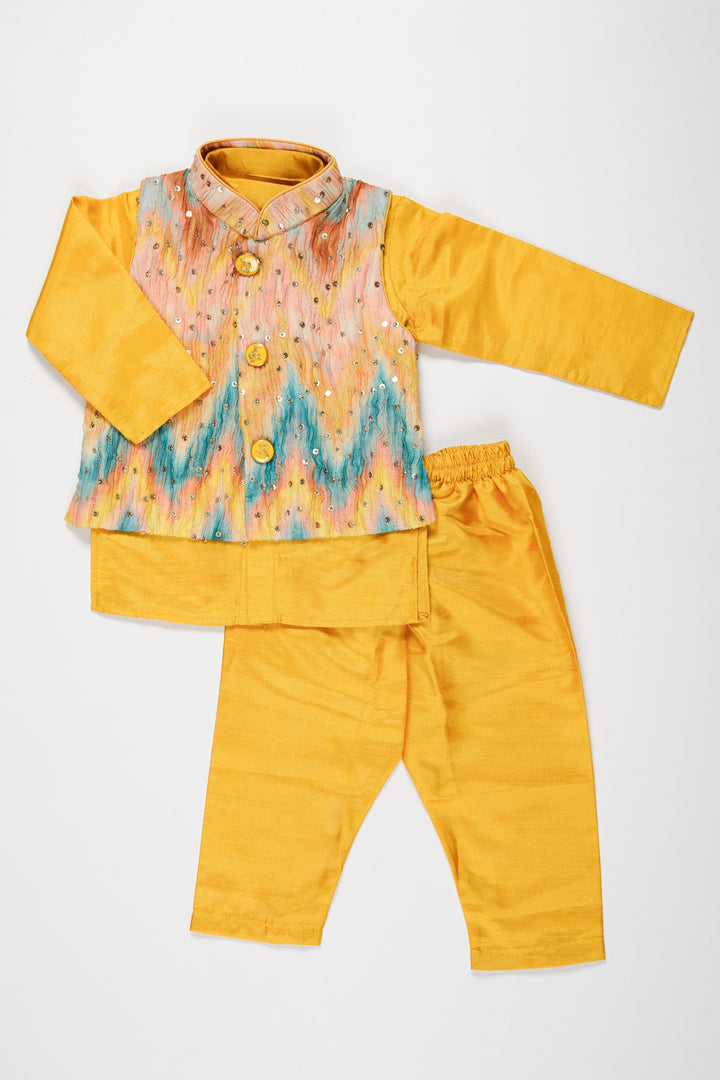The Nesavu Boys Jacket Sets Boys Sunshine Yellow Kurta Pajama with Vibrant Jacket Set Nesavu Boys Yellow Kurta Pajama with Sequined Jacket | Festive Wear for Kids | The Nesavu