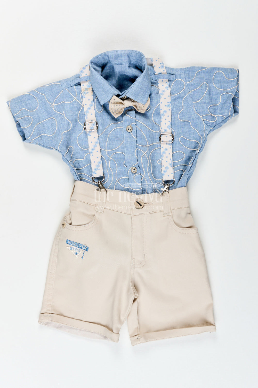 The Nesavu Boys Casual Set Boys Suspender Outfit with Embroidery and Bow Tie for Birthday Parties Nesavu Nesavu boys embroidered suspender set bow tie birthday celebrations photoshoots