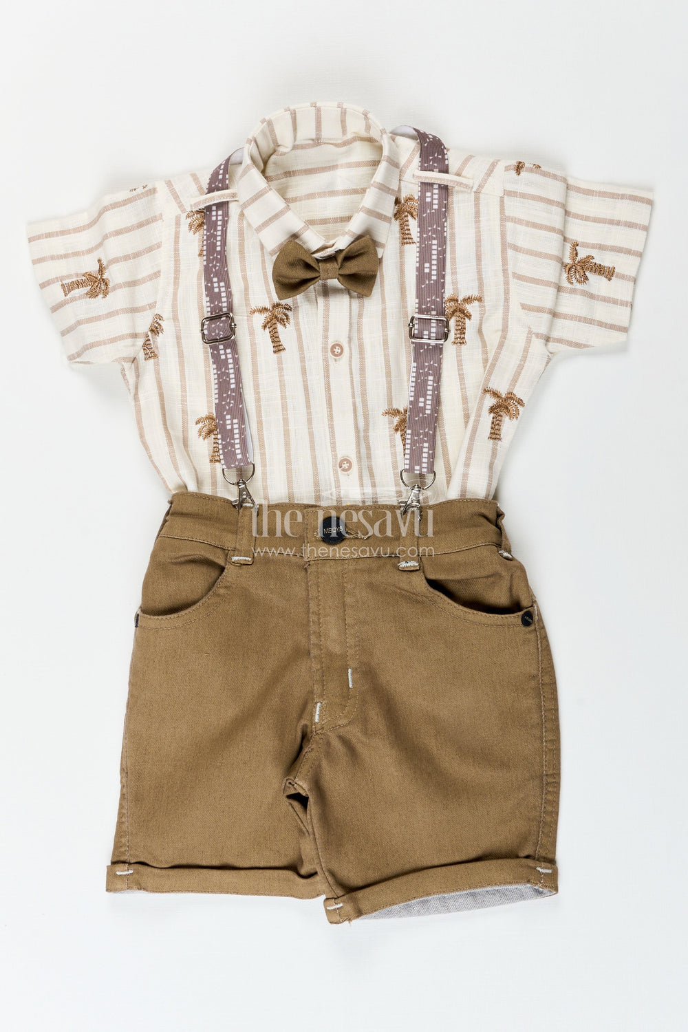The Nesavu Boys Casual Set Boys Suspender Set with Embroidered Shirt for Birthday Party Nesavu Nesavu boys embroidered cotton suspender set bow tie birthdays celebrations