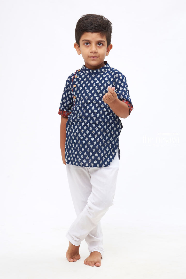 The Nesavu Boys Kurtha Shirt Boys Symmetrical Motif Patterned Navy Cotton Shirt with Contrasting Cuff Nesavu 16 (1Y) / Blue / Cotton BS119A-16 Shop the Latest Collection of Boys Kurta Shirts | Perfect for Special Events | The Nesavu