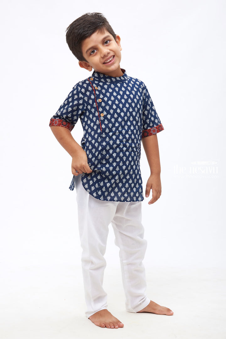 The Nesavu Boys Kurtha Shirt Boys Symmetrical Motif Patterned Navy Cotton Shirt with Contrasting Cuff Nesavu Shop the Latest Collection of Boys Kurta Shirts | Perfect for Special Events | The Nesavu