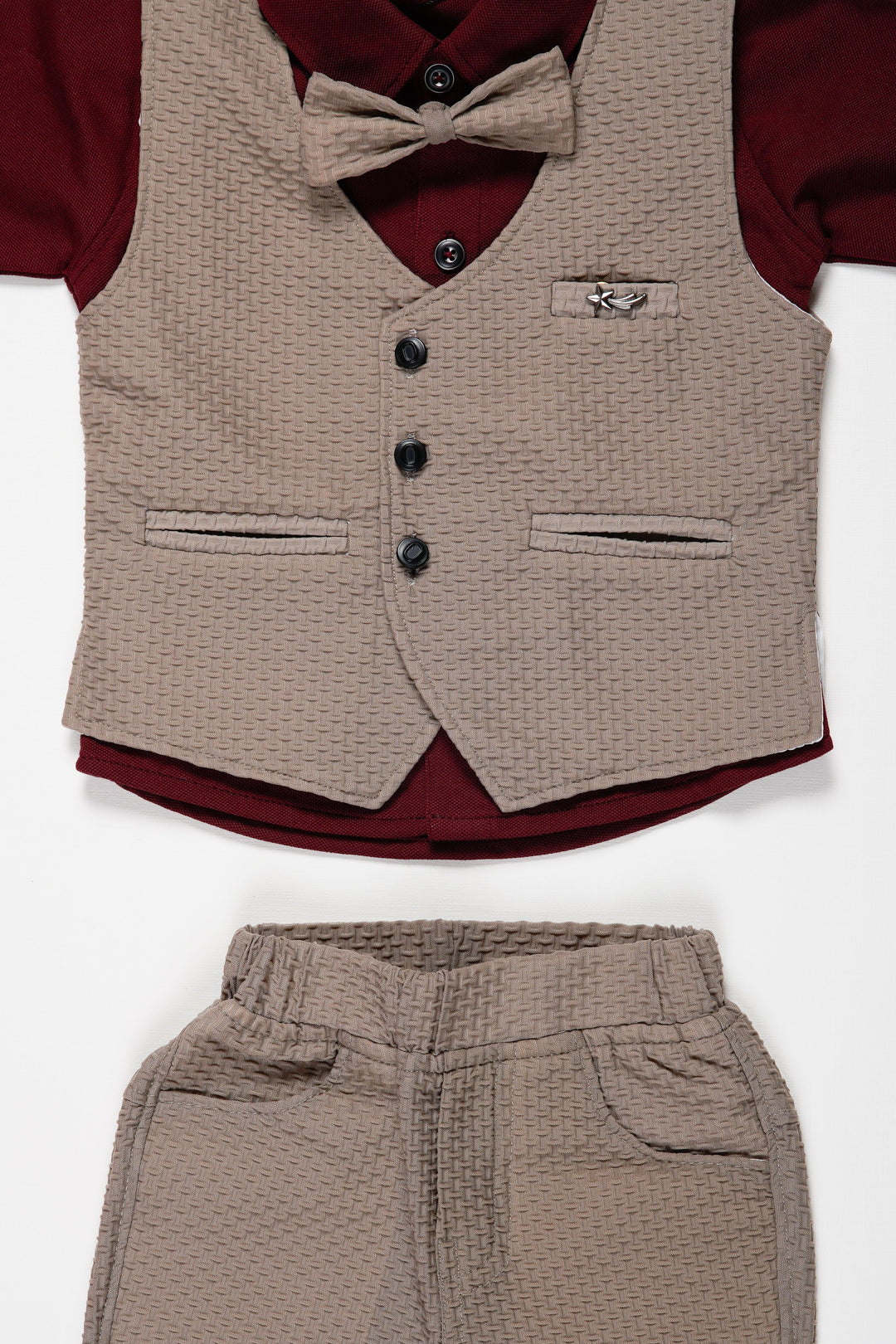 The Nesavu Boys Casual Set Boys Tailored Vest Suit Set with Contrast Trousers and Bow Tie Nesavu Boys Olive and Maroon Formal Suit Set | Stylish Vest and Trousers | The Nesavu
