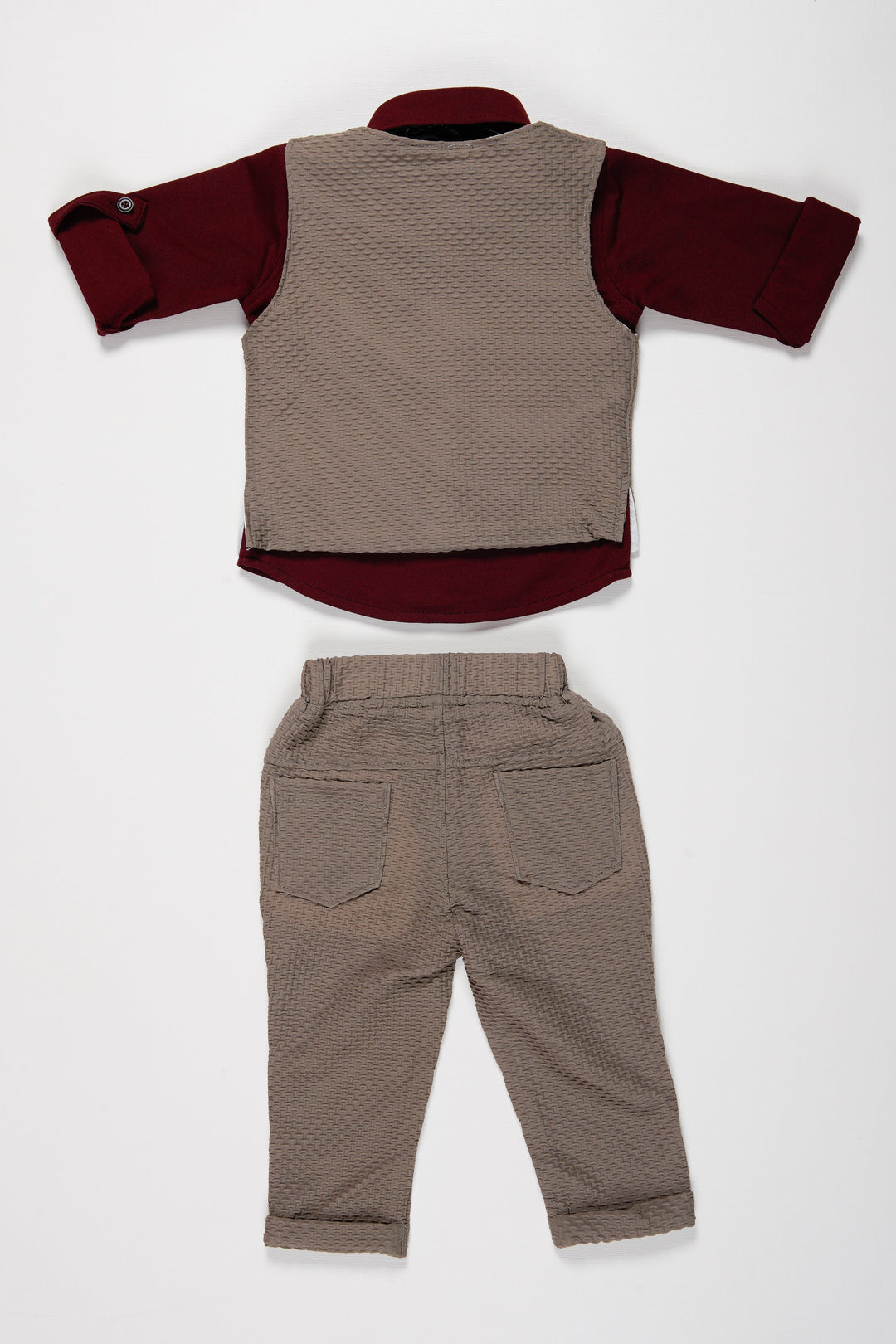 The Nesavu Boys Casual Set Boys Tailored Vest Suit Set with Contrast Trousers and Bow Tie Nesavu Boys Olive and Maroon Formal Suit Set | Stylish Vest and Trousers | The Nesavu