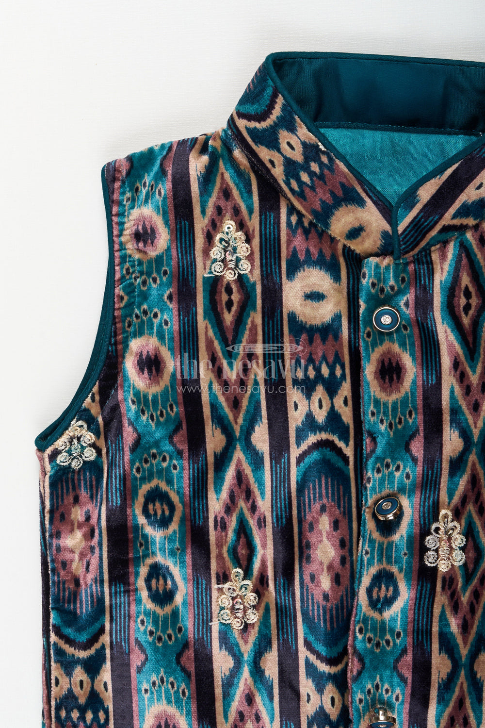 The Nesavu Boys Dothi Set Boys teal ikat print sleeveless kurta and matching dhoti set Nesavu Nesavu boys teal ikat kurta and matching dhoti set festive silk outfit for traditional occasions