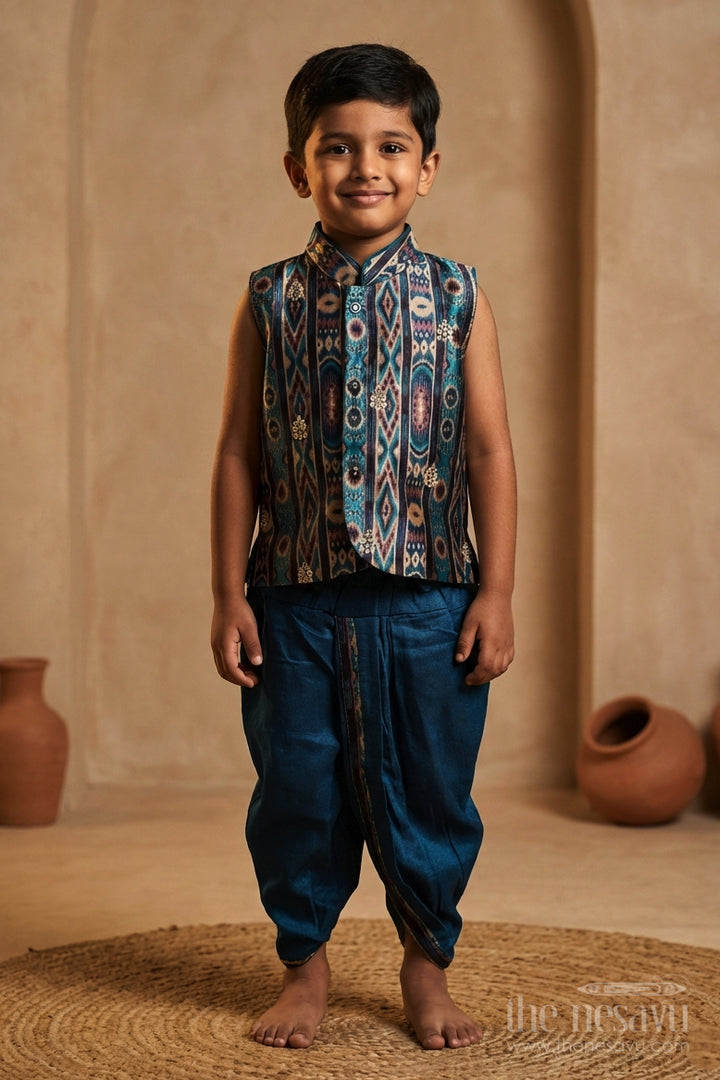 The Nesavu Boys Dothi Set Boys Teal Ikat Print Sleeveless Kurta and Matching Dhoti Set Nesavu Nesavu boys teal ikat kurta and matching dhoti set festive silk outfit for traditional occasions