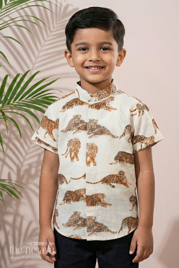 The Nesavu Boys Cotton Shirt Boys Tiger Print Half Shirt in Cotton Block Print with Wild Jungle Theme Nesavu 16 (1Y) / White BS239A-16 Boys Tiger Print Half Shirt Cotton Block Print Jungle Wildlife Theme | The Nesavu