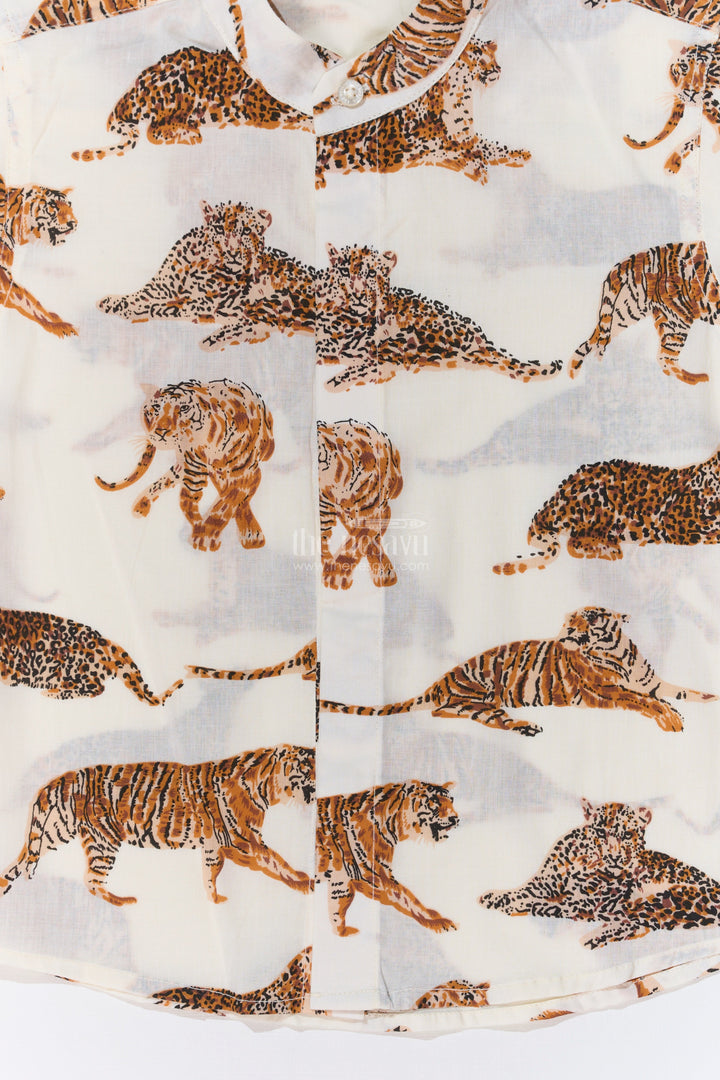 The Nesavu Boys Cotton Shirt Boys Tiger Print Half Shirt in Cotton Block Print with Wild Jungle Theme Nesavu Boys Tiger Print Half Shirt Cotton Block Print Jungle Wildlife Theme | The Nesavu
