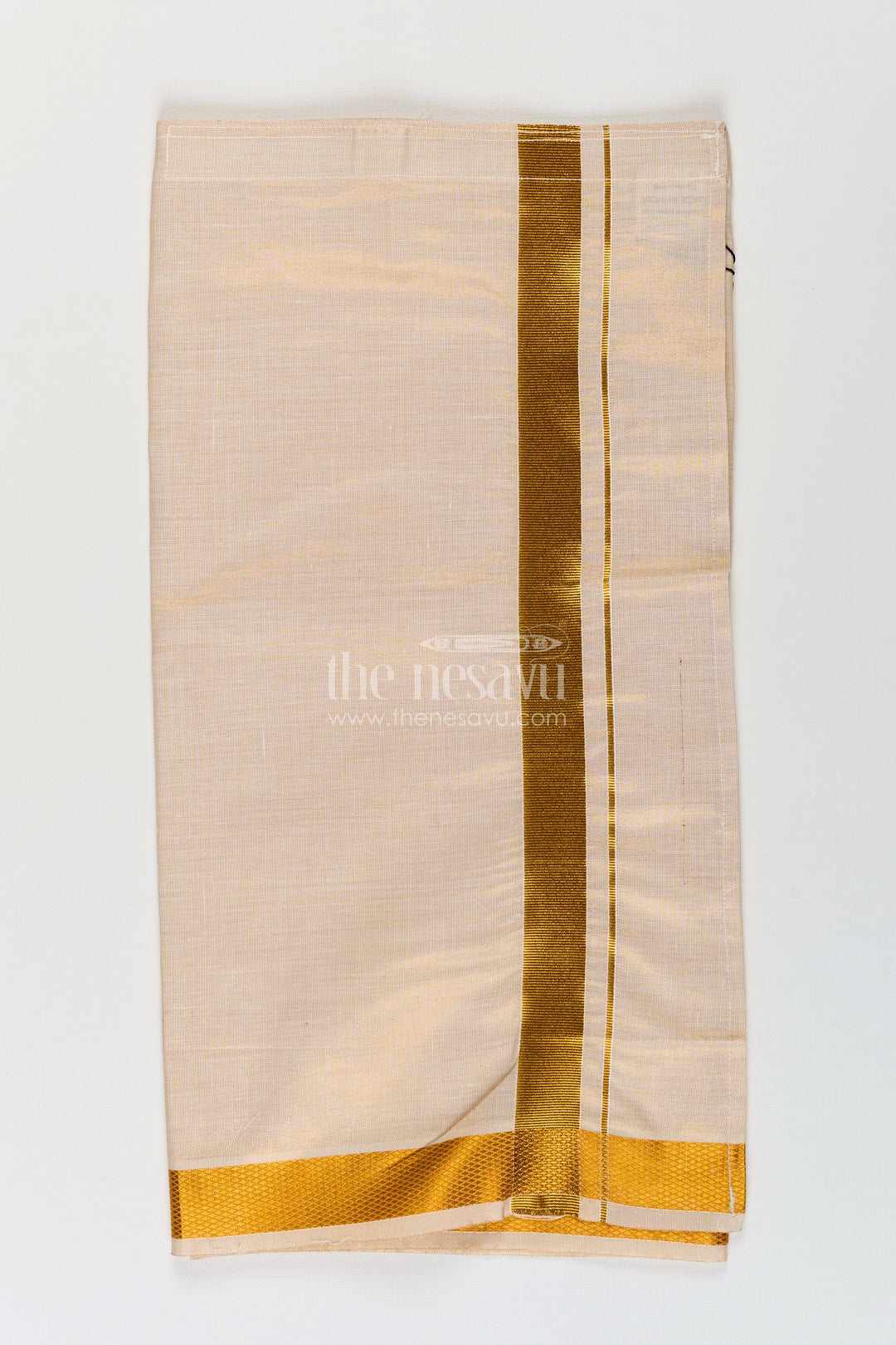 The Nesavu Boys Vesti Boys Tissue Dhoti in Ivory with Golden Border for Stylish Festive Occasions in Fashion Dhoti Look Nesavu Boys Fashion Dhoti Ivory Tissue Bright Golden Zari Border Festive Ethnic Style | The Nesavu