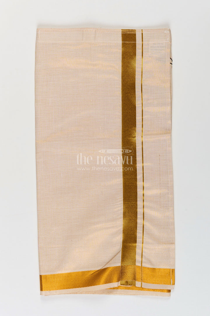 The Nesavu Boys Vesti Boys Tissue Dhoti in Ivory with Golden Border for Stylish Festive Occasions in Fashion Dhoti Look Nesavu Boys Fashion Dhoti Ivory Tissue Bright Golden Zari Border Festive Ethnic Style | The Nesavu