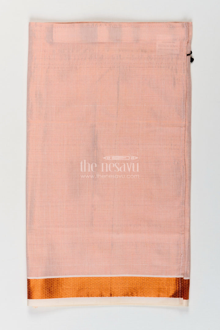The Nesavu Boys Vesti Boys Tissue Dhoti in Off White with Copper Border for Simple Traditional Elegance in White Dhoti Style Nesavu Boys White Dhoti Light Tissue Copper Border Subtle Classic Traditional Wear | The Nesavu