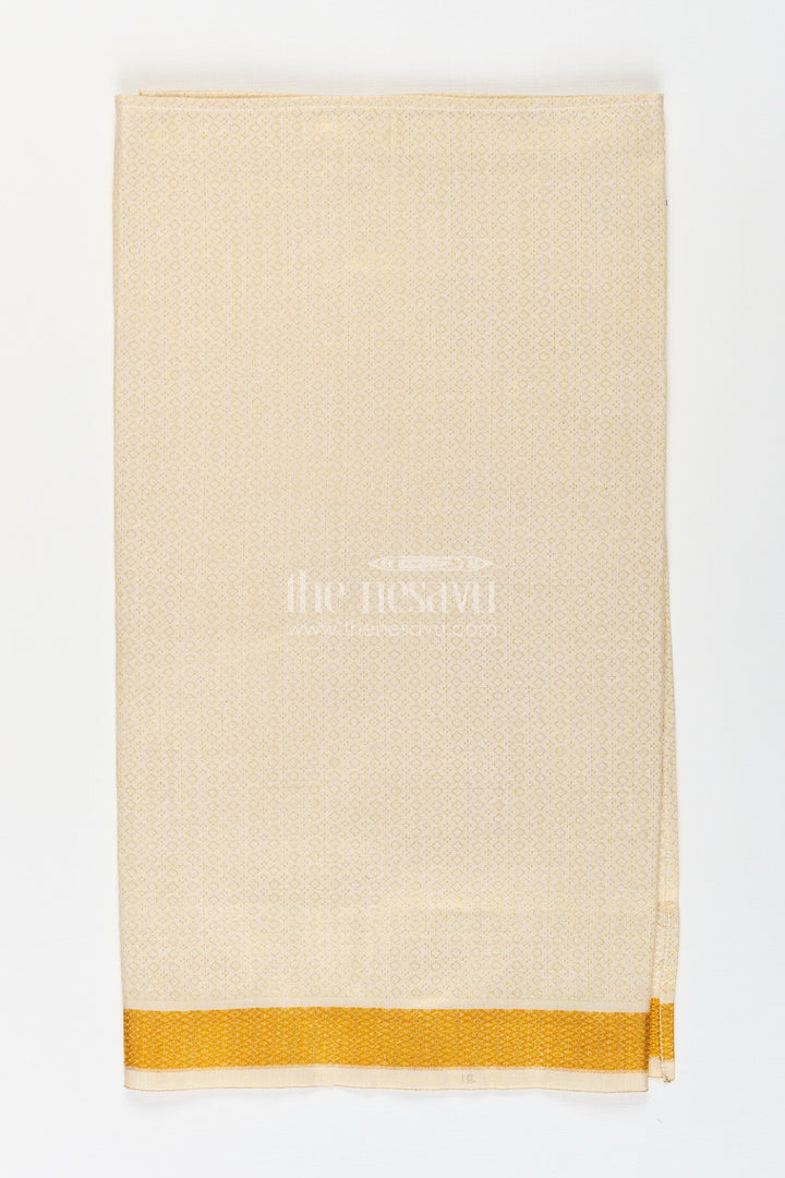 The Nesavu Boys Vesti Boys Tissue Dhoti with Embossed Zari Border in Golden Finish for a Traditional Dhoti Look Nesavu Boys Dhoti Look Tissue Embossed Design Broad Gold Zari Border Festive Comfort | The Nesavu