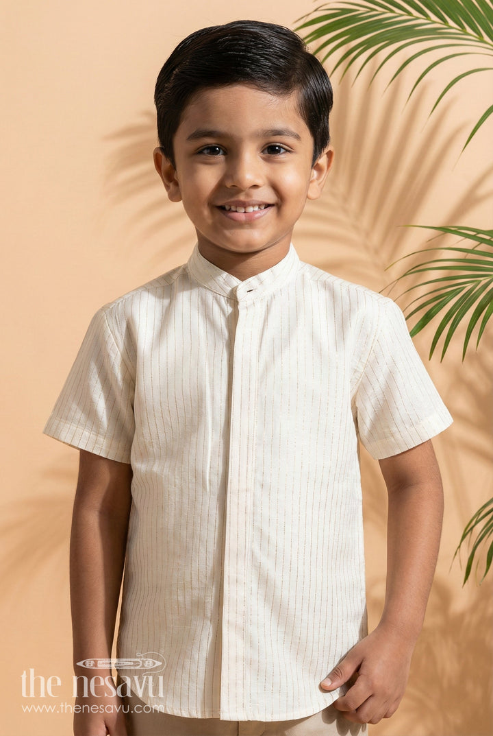The Nesavu Boys Silk Shirt Boys Tissue Silk Shirt for Ethnic Celebrations and Family Events Nesavu 16 (1Y) / Cream BS3782A-16 Nesavu boys silk shirt in tissue fabric with subtle pattern for traditional festive dressing