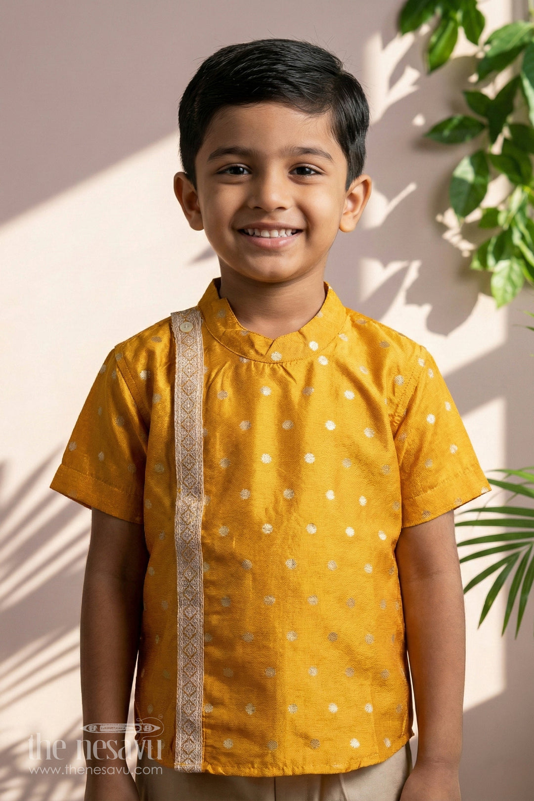 Boys Banaras Silk Dress Shirt Mustard Yellow Zari Embroidery Golden Dots | The Nesavu The Nesavu Boys Banaras Silk Dress Shirt Mustard Yellow Zari Embroidery Golden Dots | The Nesavu The Nesavu
