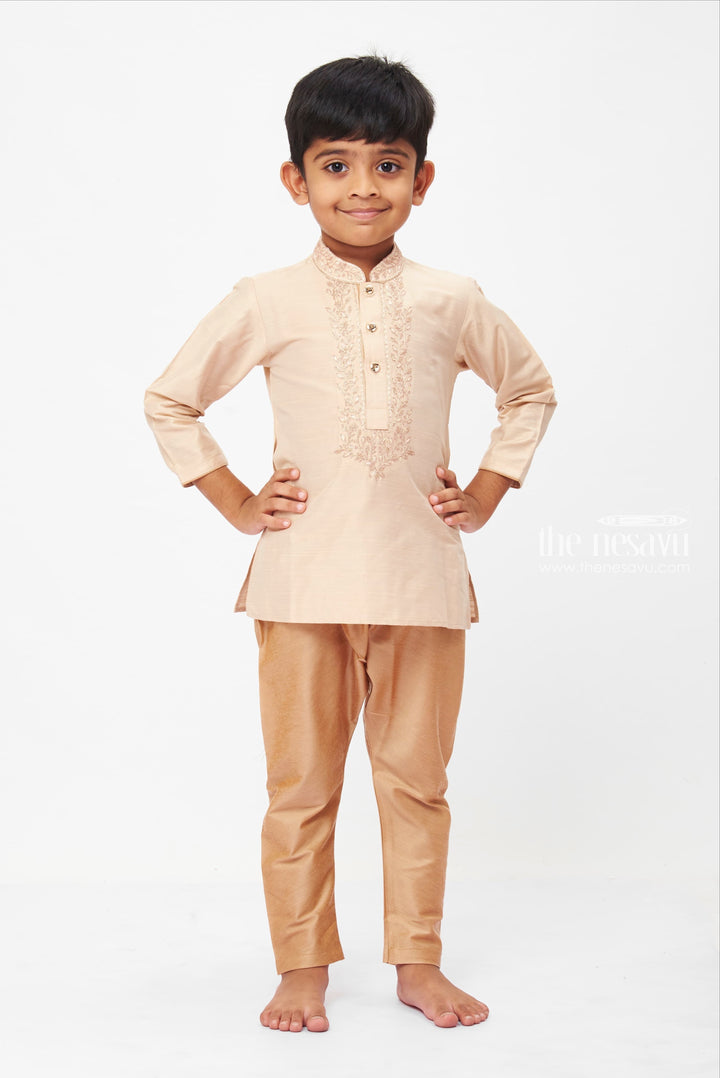 The Nesavu Boys Kurtha Set Boys Traditional Beige Embroidered Kurta with Velvet Pants Set - Perfect for Formal Occasions Nesavu 14 (6M) / Beige / Silk Blend BES463C-14 Boys Traditional Kurta with Pant Set | Formal Ocasions | The Nesavu