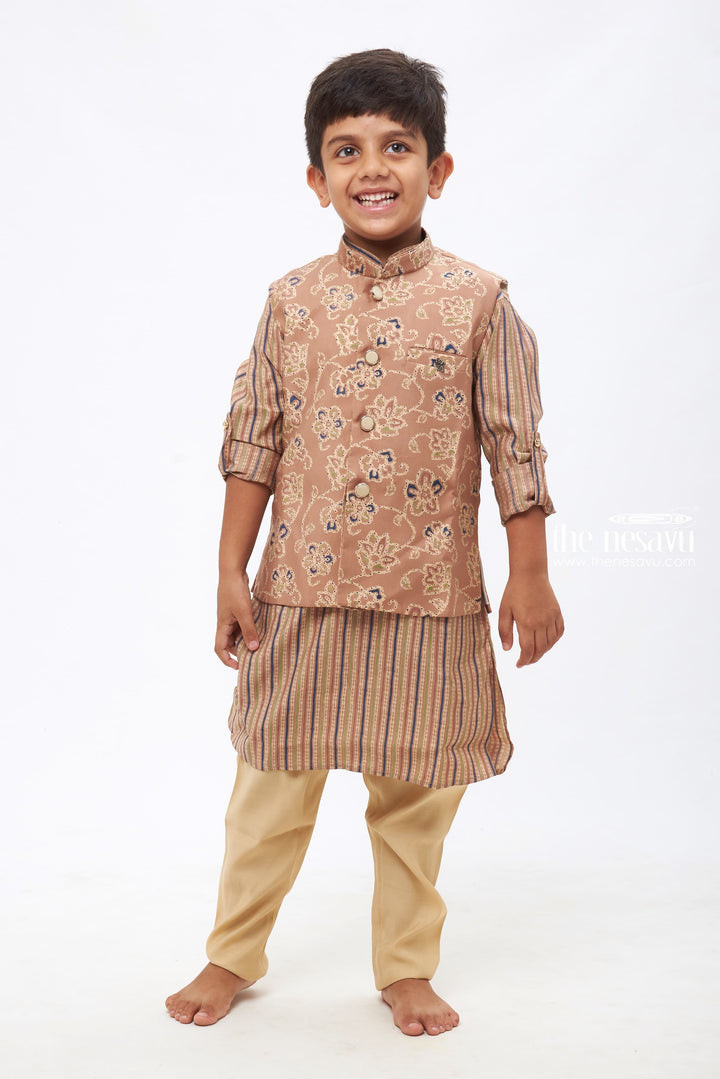 The Nesavu Boys Jacket Sets Boys Traditional Brown Kurtha with Floral Overcoat and Striped Jacket Set Nesavu 10 (NB) / Brown / Blend Silk BES452A-10 Elevate Festive Moments: Kurta, Jacket, and Pant Collection | The Nesavu